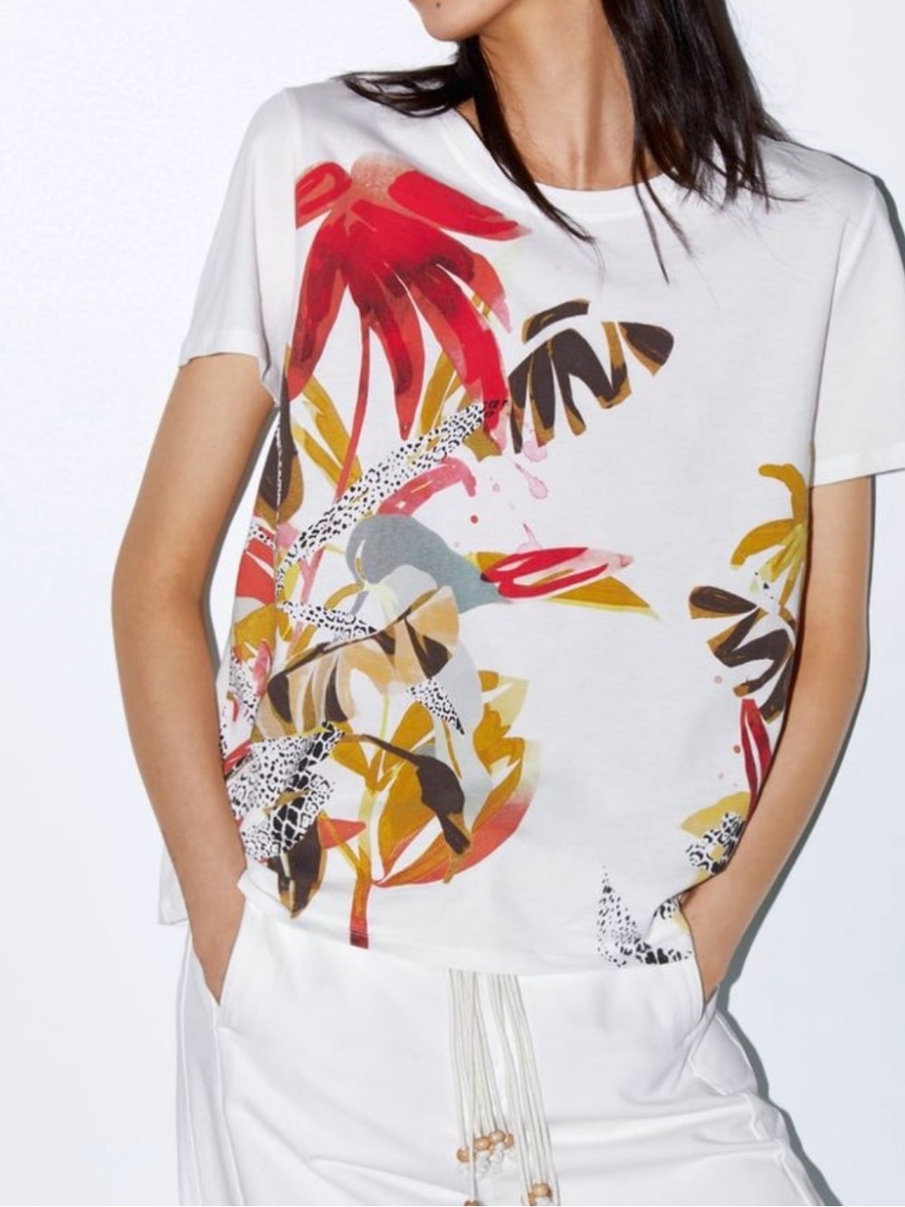 Zara White Tropical Leaf & Animal Print Short Sleeve T-Shirt